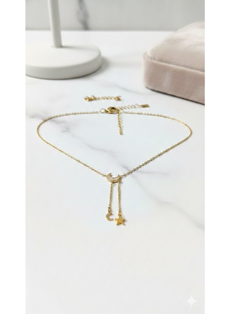 WARD Women's Gold Plated Stainless Steel Necklace with White Moon & Star Pendant - Image 1